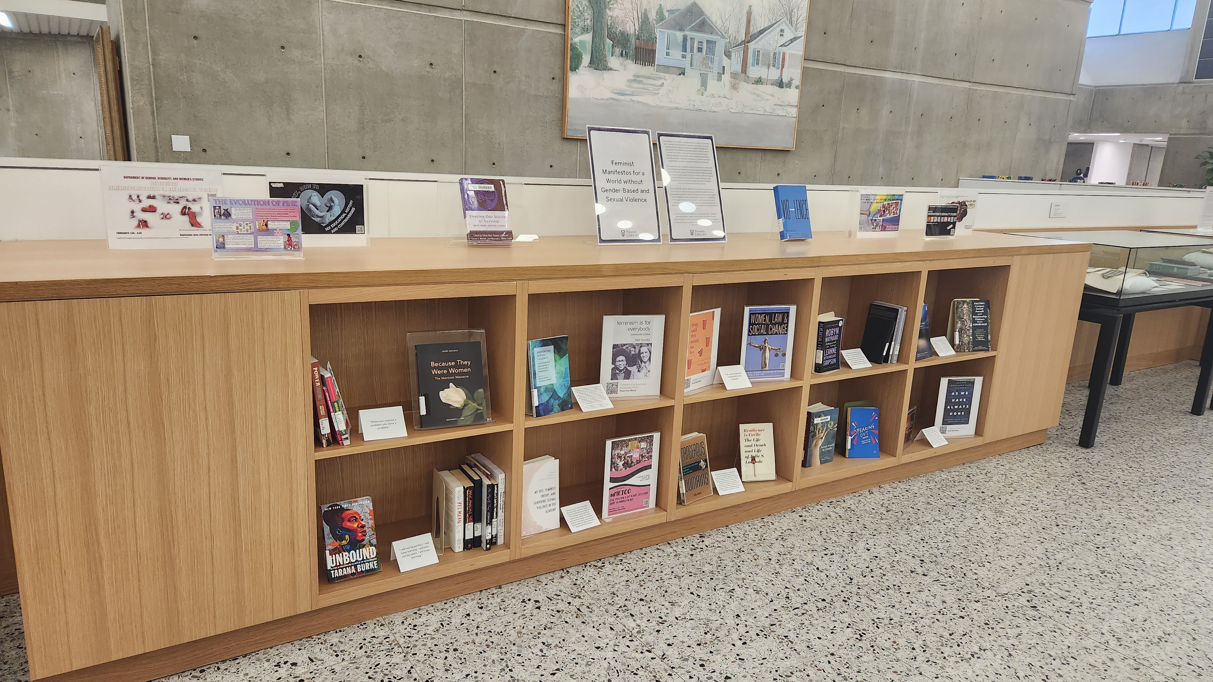 "A World without Gender-Based and Sexual Violence" book display.